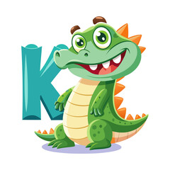 Playful alligator cartoon character with oversized alphabet K, fun children’s book illustration, cute animal vector art for kids learning