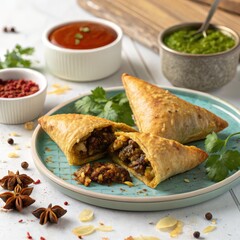Golden Crispy Samosas Served with Traditional Chutney Dipping Sauces.
