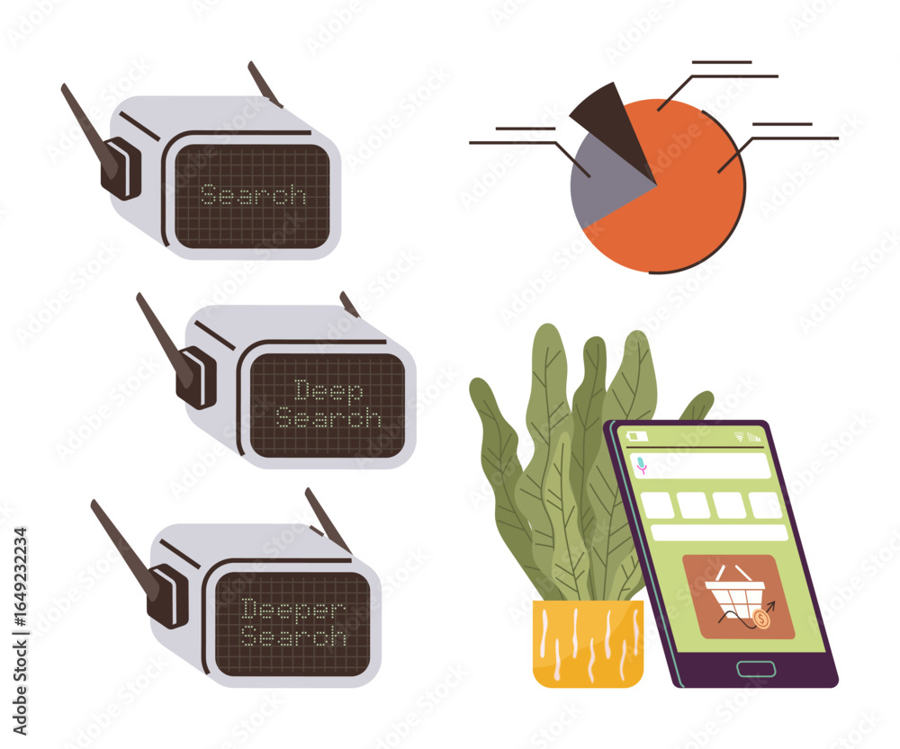 Poster three search devices showing increasing depth levels, data pie chart for analysis, smartphone with s