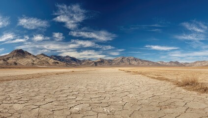 Vast, cracked desert floor stretching towards a mountain range under a vibrant blue sky