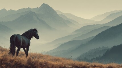 Majestic black horse standing on a hilltop with misty mountains at dawn