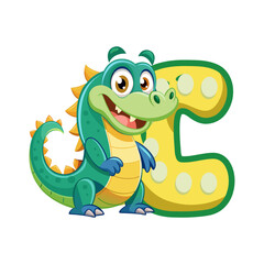 Playful Alligator Character Holding Giant Alphabet C, Fun Cartoon Vector Illustration for Kids, Preschool Learning, Educational Children Book Design