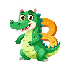 Playful Alligator Character with Big Bold Alphabet B, Fun Cartoon Animal Illustration for Children’s Book, Educational Kids Learning Design