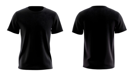 Black slim-fit T-shirt on invisible mannequin, smooth jersey fabric, front and back view side by side, isolated on white background, realistic lighting, product display