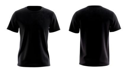 Black slim-fit T-shirt on invisible mannequin, smooth jersey fabric, front and back view side by side, isolated on white background, realistic lighting, product display