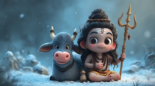 Cute Little Lord Shiva and Nandi in Snowy Landscape - Powered by Adobe