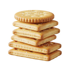 Small, artfully stacked light golden-beige round, square, rectangular plain crackers, crisp porous texture, salt, on seamless transparent. High-end product photography