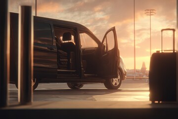 a black van at an airport with an open door and luggage