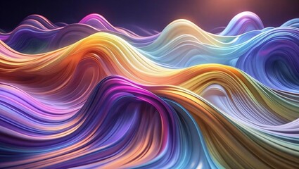 Colorful flowing ribbons twisting in a dynamic wave pattern, holographic lighting