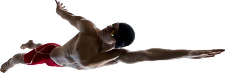 Male swimmer in black cap and goggles performing butterfly stroke with arm extended forward, on transparent background. Concept of competitive swimming, power, technique and aquatic sports performance