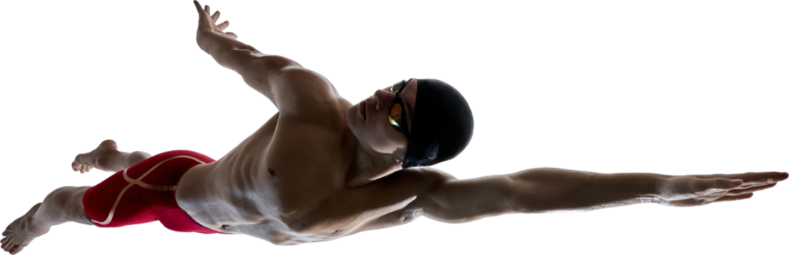 Male swimmer in black cap and goggles performing butterfly stroke with arm extended forward, on transparent background. Concept of competitive swimming, power, technique and aquatic sports performance