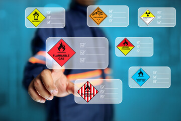 dangerous substance concept with safety staff pointing virtual tag symbol represent to warning when...