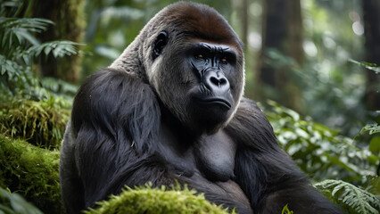 Fototapeta premium Majestic male silverback gorilla sitting on a mossy mound in a dense rainforest.