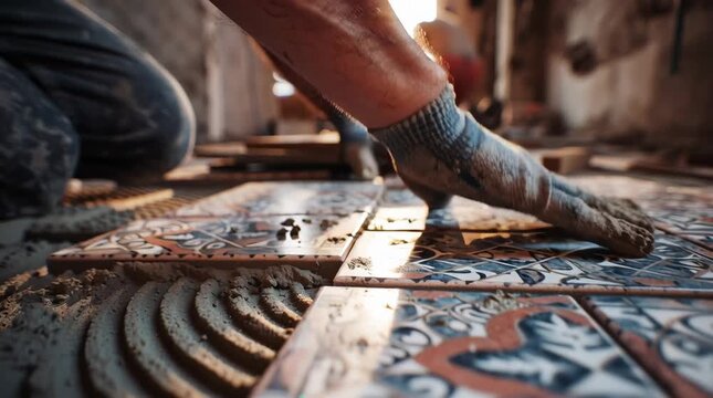 Construction worker laying decorative ceramic tiles on floor with adhesive in historic building renovation project
