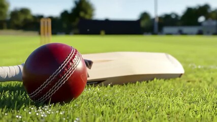 Cricket Ball and Bat on a Dewy Grassy Field