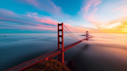 Golden gate bridge shrouded in fog at sunrise with a colorful sky and ocean view from above the bridge