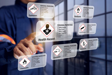 MSDS material safety data sheet concept with safety staff checking hazard data for inhalation respiratory toxic chemical on virtual interface display screen for personal protection equipment