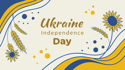 Obraz premium Watercolor Ukraine Independence Day template with blue-yellow washes, sunflower and wheat art, soft patriotic flag waves, and elegant calligraphy for print or digital celebration.