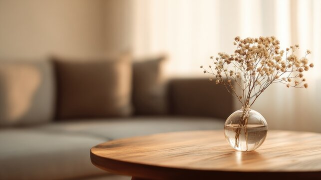 Light-filled living room, small vase with dried flowers on a wooden coffee table