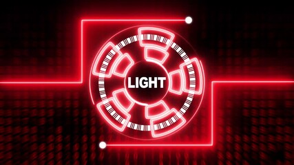 Futuristic digital interface with the word LIGHT in a glowing red circular HUD element against a backdrop of blurred binary code - Powered by Adobe