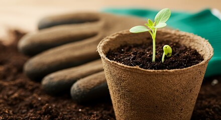 New growth sprouts in pot with gardening gloves nearby