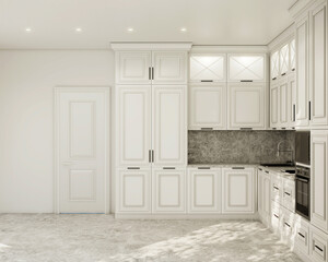 modern kitchen in white, kitchen visualization, 3d render