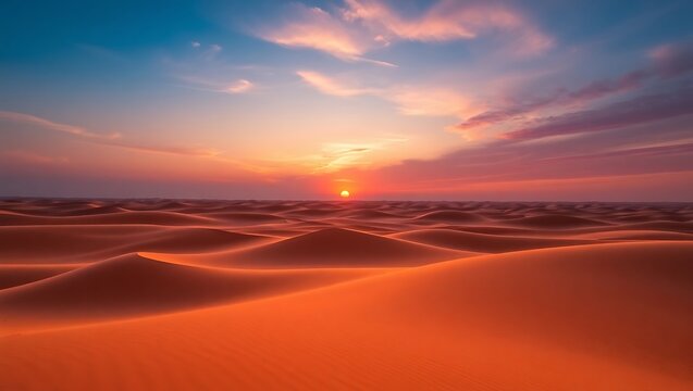 A scenic desert landscape with rolling sand dunes under a vibrant sunset sky with soft clouds