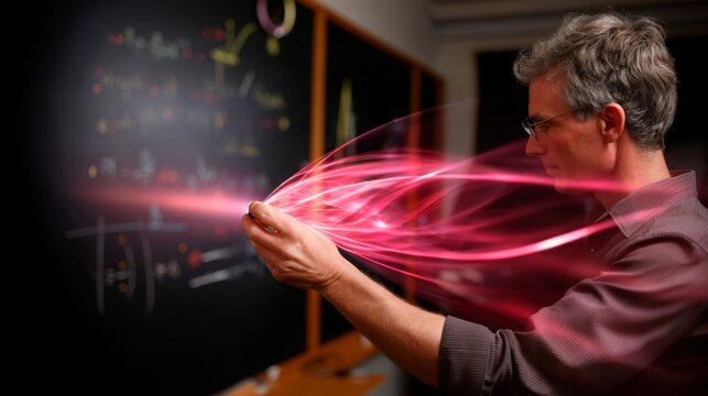 Quantum Physicist Delving into the Unknown: Illuminated Equations on Blackboard in Cinematic Glow Light