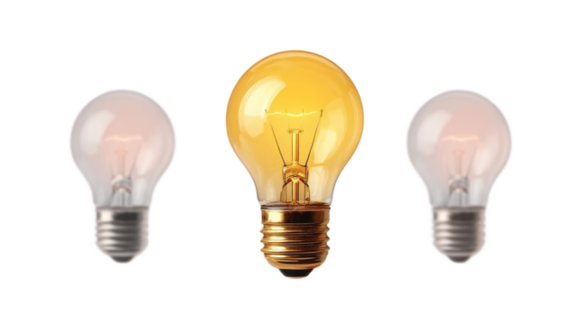 Three incandescent light bulbs with one glowing in the center