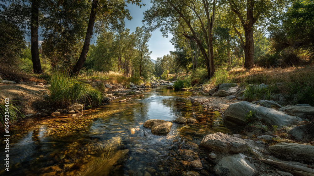 Poster a scenic view of a shallow river flowing through a forest with rocks and trees around