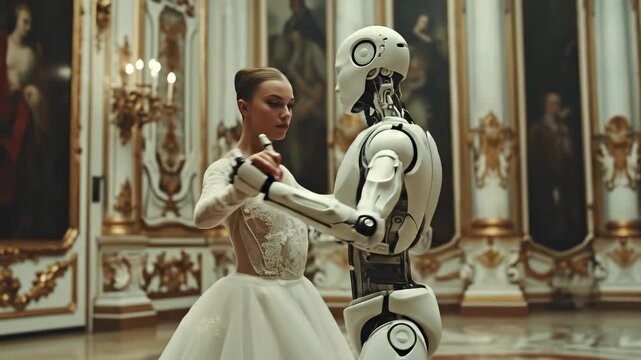 A ballerina dancing with a robot in a palace ballroom. A unique view expressing a vision of the future. Art, automation, synergy.
