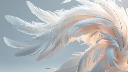 Fototapeta premium A close-up of soft, white feathers swirling elegantly against a light background, showcasing their delicate texture and graceful movement.