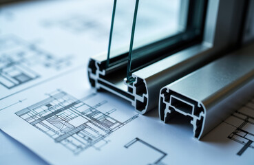 Modern aluminum window frame with glass and architectural blueprint background