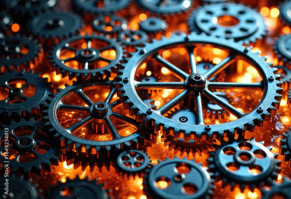 Poster gears and cogs interconnected in a mechanical system with warm orange lighting creating a sense of i
