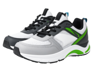 Modern athletic running shoes in white, gray and green color scheme with mesh upper and cushioned sole for sports and fitness activities.