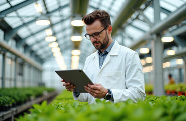 Woman scientist inspecting plants in greenhouse using tablet