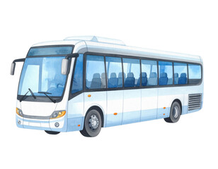 Modern blue and white city bus with passenger seating and large windows on transparent background for transportation design.