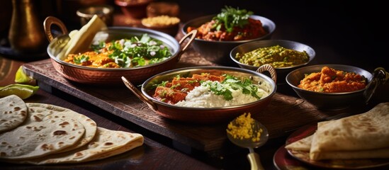 a selection of traditional indian food dishes in wooden bowls, including curries, dals, rice, naan bread, and a variety of condiments and garnishes, arranged on a rustic wooden table against a dark ba