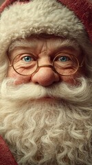 Close-up portrait of a jolly man with a white beard and glasses dressed in festive attire celebrating the holiday season