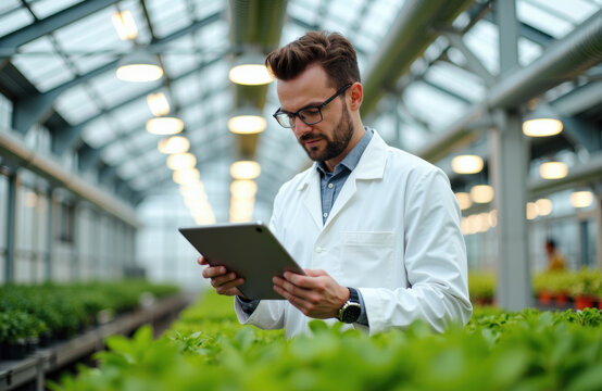 Woman scientist inspecting plants in greenhouse using tablet