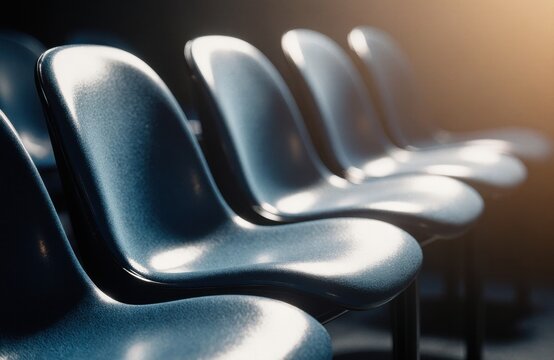 Empty row of black chairs in a waiting area or conference room with soft lighting creating a calm atmosphere
