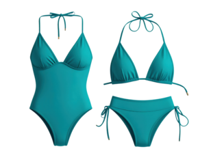 A side-by-side view of a woman's teal one-piece swimsuit and a matching two-piece bikini isolated on a transparent background.