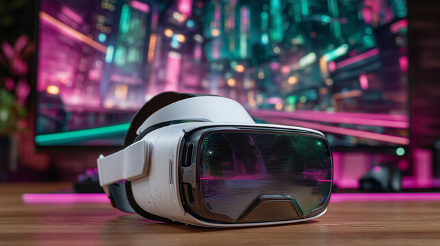 high-tech VR headset placed in front of neon-lit gaming monitor, cyberpunk-inspired room, vivid pink and green illumination, sharp focus, cinematic feel VR gaming headset, neon cyb