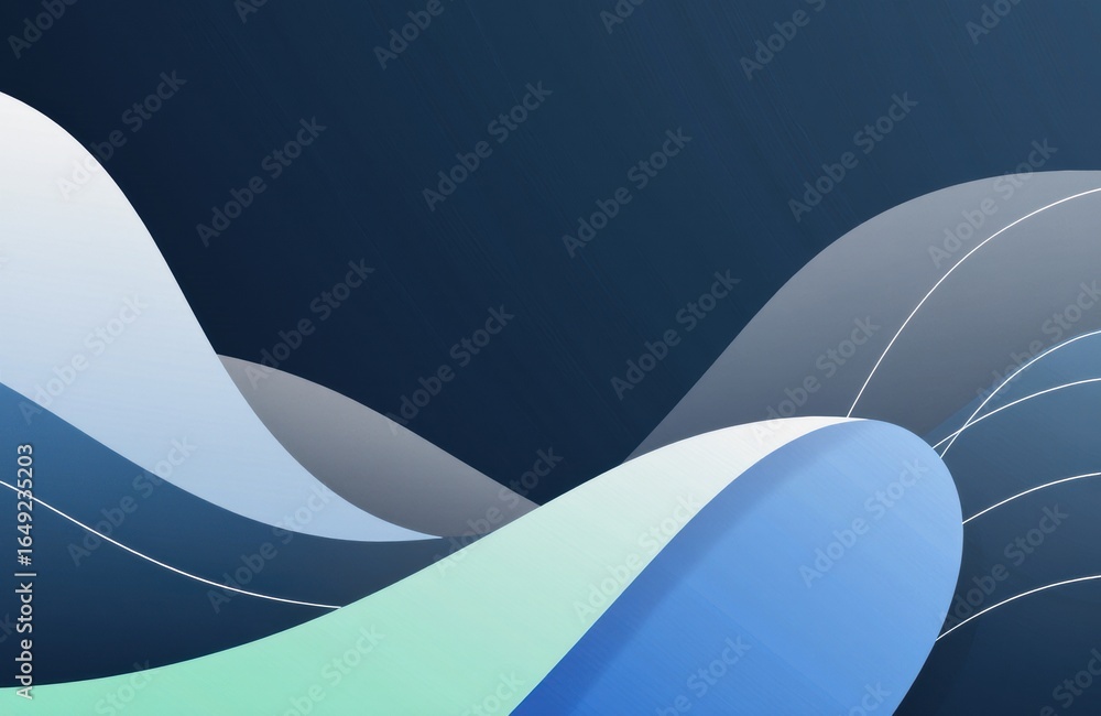 Poster abstract flowing shapes with smooth gradients in shades of blue and gray creating a modern design