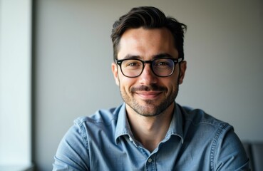 Fototapeta premium Smiling man wearing glasses in a casual shirt looking at the camera