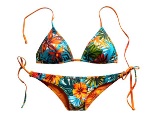 A colorful women's bikini with a vibrant floral and tropical leaf pattern, flat lay, isolated on a transparent background.