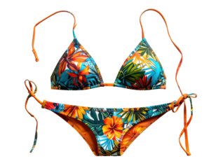 A colorful women's bikini with a vibrant floral and tropical leaf pattern, flat lay, isolated on a transparent background.