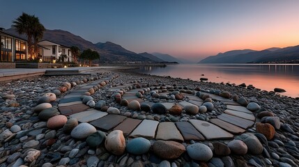 Obraz premium Lakeside Modern Villa with Pebble Path at Dusk