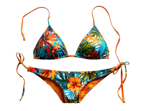 A colorful women's bikini with a vibrant floral and tropical leaf pattern, flat lay, isolated on a transparent background.