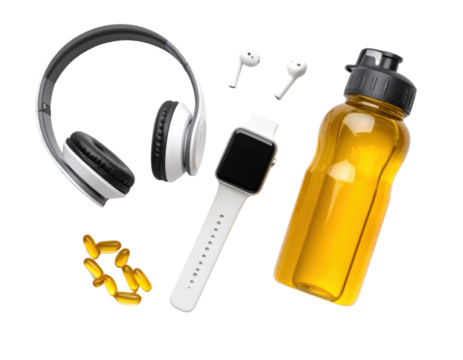 A floating arrangement of fitness accessories including a smartwatch, headphones, earbuds, a water bottle, and supplements isolated on a transparent background.